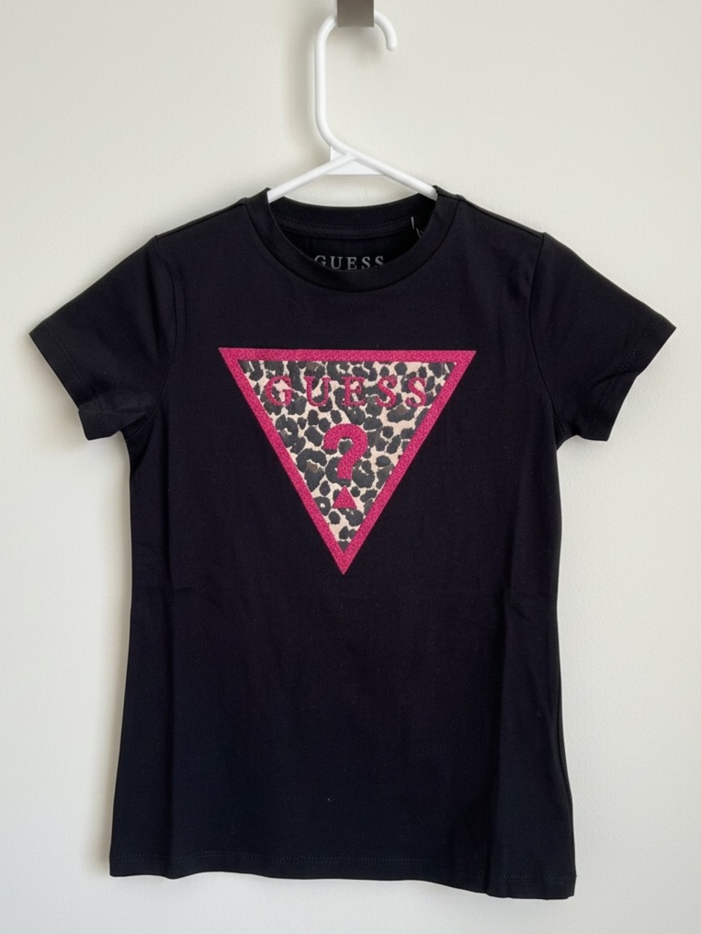 NWT Guess Girl's Black Logo T-Shirt Size 7, Leopard Accent New With Tags